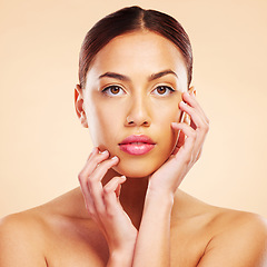 Image showing Portrait, beauty and woman with skincare, dermatology and shine against a brown studio background. Face, female person and model with makeup, cosmetics and glow with wellness, healthy skin and facial