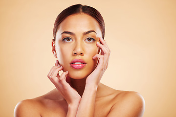 Image showing Portrait, mockup and woman with skincare, cosmetics and wellness on a brown studio background. Face, female person and model with luxury, makeup and self care with shine, natural beauty and aesthetic