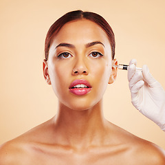 Image showing Portrait, woman or plastic surgery with facelift injection or cosmetics isolated on studio background. Hand, cheek or Brazilian model with needle, dermatology or beauty in facial medical procedure