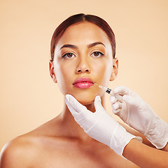 Image showing Filler, plastic surgery and face of woman with beauty treatment for isolated in brown studio background. Skincare, cosmetics and portrait of person with syringe for facial or medical transformation