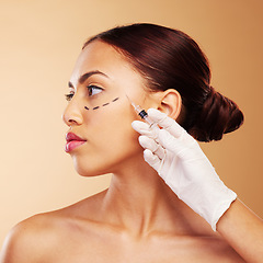 Image showing Injection, plastic surgery and face of woman with beauty treatment for isolated in brown studio background. Skincare, cosmetics and young person with syringe for facial or medical transformation