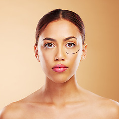 Image showing Plastic surgery, cosmetics and woman with surgical lines on face in brown studio background with skincare. Portrait, girl and facial for reconstruction or anti aging for aesthetic with dermatology.