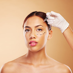 Image showing Rhinoplasty, plastic surgery and syringe for woman with beauty facial for isolated in brown studio background. Skincare, cosmetic and portrait of young person with treatment or medical transformation