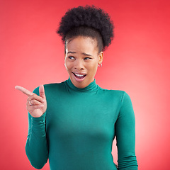 Image showing Pointing, confused and a black woman on a red background for showing, angry or frustrated. Thinking, fail and an African girl with a hand gesture on a backdrop for crazy reaction, mistake or goofy