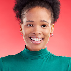 Image showing Happy, portrait and face of a black woman in studio with a smile, confidence and positive mindset. Beauty, natural makeup and African female person with cosmetics on a red background for skin glow