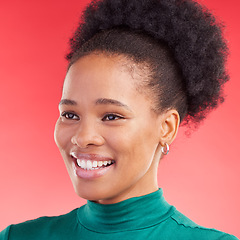 Image showing Thinking, face and a black woman on a red background with a smile for fashion, style or ideas. Happy, hair and facial profile of an African girl or model with vision of elegance on a backdrop