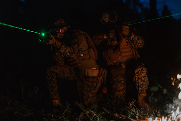 Image showing Soldiers squad in action on night mission using laser sight beam lights military team concept