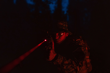 Image showing Soldiers squad in action on night mission using laser sight beam lights military team concept