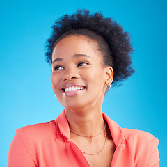 Image showing Happy, thinking and business with face of black woman in studio for professional, creative or pride. Entrepreneur, career and happiness with employee on blue background for confidence and empowerment