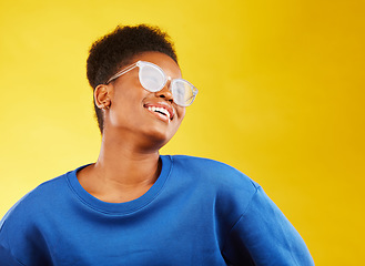 Image showing Smile, fashion and glasses with face of black woman in studio for vision, eye care and color style. Gen z, smile and happiness with creative female person on yellow background for health on mockup