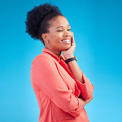 Image showing Happy, thinking and business with black woman in studio for professional, creative and pride. Entrepreneur, idea and vision with female employee on blue background for confidence, decision and smile