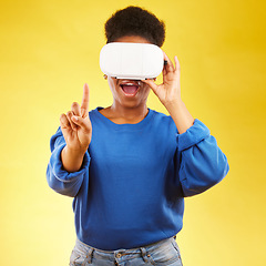 Image showing Gaming, metaverse and 3d with black woman and vr in studio for digital, glasses and augmented reality. Technology, future and gamer with female person on yellow background for scifi and gen z