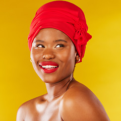 Image showing Beauty, thinking and black woman with makeup and head wrap with smile isolated in yellow studio background. Happy, skin and skincare by young female person scarf for dermatology, wellness or cosmetic