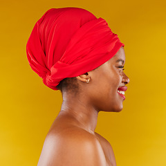 Image showing Happy face profile, red makeup and black woman with natural spa skincare, real aesthetic beauty or foundation cosmetics. Studio dermatology, head scarf or African person wellness on yellow background