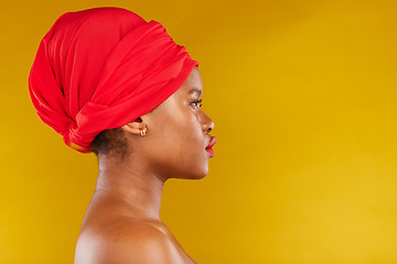 Image showing Beauty face profile, red lipstick and black woman with skincare wellness, real aesthetic makeup or anti aging cosmetics. Advertising studio, head scarf and African person on mockup yellow background