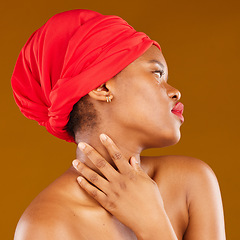 Image showing Beauty, makeup and profile with face of black woman in studio for cosmetics, creative and pride. Skincare, salon and red lipstick with female model on brown background for wellness, self care or glow