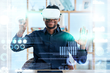 Image showing Virtual reality, VR hologram and business man review stock exchange statistics, augmented administration or AI software. UI overlay, future economy metaverse and male trader work on 3D trading data