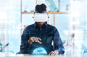 Image showing Hologram, virtual reality and global business man review statistics, cyber administration or AI software. UI overlay, future economy metaverse and person with 3D headset and virtual world data