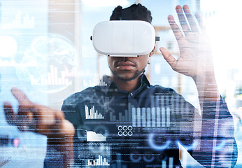 Image showing Virtual reality, hologram and business man with a headset to review statistics, cyber administration or AI software. UI overlay, future economy metaverse and person with 3D or virtual world data