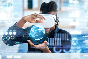 Image showing Virtual reality, hologram and global business man review statistics, cyber administration or AI software. UI overlay, future economy metaverse and person with 3D headset and virtual world data