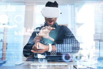 Image showing Futuristic VR, wow or business man surprise with stock market analytics, augmented reality experience or crypto chart. Dashboard overlay screen, economy graphic or male broker working on trading data