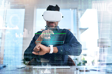 Image showing Virtual reality, smart watch hologram and business man typing, scroll and check AI dashboard, AR hud or data overlay. Digital transformation, VR headset or male developer work on wrist clock software