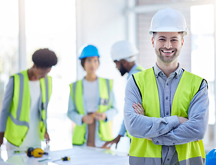 Image showing Construction worker, man portrait and arms crossed of engineer, builder or contractor. Industrial, handyman gear and male person with confidence and proud from engineering and architecture project