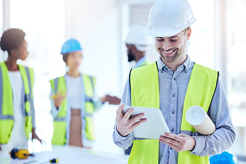 Image showing Construction worker, tablet and man with blueprint of engineer, builder or contractor. Industrial, handyman app and male person with digital info and smile from engineering and architecture project