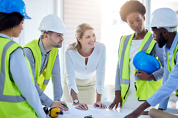 Image showing Construction team, business people and blueprint with planning, builder group or contractor. Industrial, maintenance conversation and document for safety, engineering job and architecture project