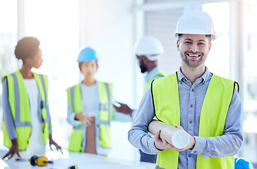 Image showing Construction worker, man portrait and blueprint of engineer, builder or contractor. Industrial, handyman gear and male person with confidence and proud from engineering and architecture project