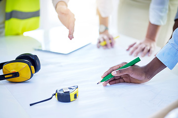 Image showing Hands, collaboration and architecture with a design team in the office working on planning blueprints. Construction, building or industry with an architect, designer and engineer in the workplace