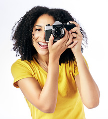 Image showing Photography, camera and happy woman photographer and smile as a creative isolated in a studio white background. Portrait, photoshoot and artistic person with a hobby and takes picture of memory