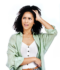 Image showing Confused, thinking and woman in studio with why, wtf and anxiety, annoyed or reaction on white background. Doubt, panic and face of female with why, questions and ask, emoji and problem with choice