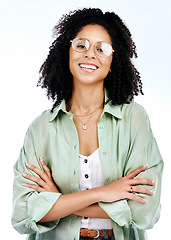 Image showing Woman, arms crossed and smile portrait of a creative writer in a studio with confidence and glasses. Isolated, white background and female person feeling proud from blogger career with a happy worker