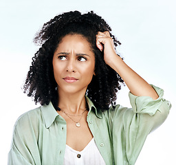 Image showing Woman, frustrated thinking and confused in studio with ideas, mistake and fail by white background. African girl, model or student with stress, doubt or memory with mindset, decision and questions