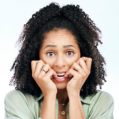 Image showing Bite nails, anxiety and portrait of woman on a white background with worry, doubt and uncertain. Scared, face and female person worried, anxious and unsure for problem, crisis and choice in studio