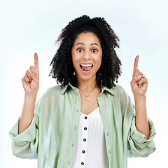 Image showing Pointing up, surprise or portrait of woman excited by sale, retail offer or discount deal isolated in studio. Wow, shock or happy girl showing mockup space, news or menu promotion on white background