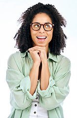 Image showing Thinking, smile and dream with a woman in studio isolated on a white background to wish or pray. Idea, hope and excited with a happy young female person looking or feeling positive in anticipation