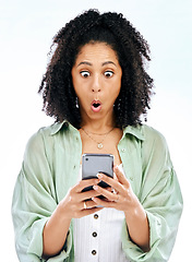 Image showing Phone, wow or woman with surprise gossip or fake news isolated on a white background in studio. Girl, blog search or shocked person reading scam on social media post, mobile app or promo announcement