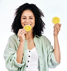 Image showing Portrait, orange and woman with a smile, healthy snack and girl isolated against a white studio background. Face, female person or model with fruit, vitamin c and nutrition with happiness or wellness
