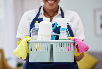 Image showing Cleaning, chemical and basket with hands of woman in living room for hygiene, dust and bacteria. Spray, tools and equipment with closeup of female cleaner at home for housekeeping, health and product