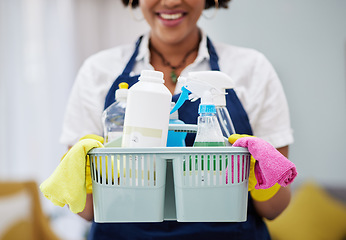 Image showing Cleaning, tools and basket with hands of woman in living room for hygiene, dust and bacteria. Spray, chemical and equipment with closeup of female cleaner at home for housekeeping, health and product