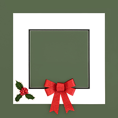 Image showing Christmas Winter Holly Berry and Red Bow Background Frame