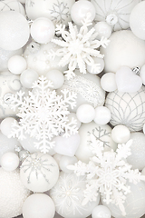 Image showing Christmas Snowflake and White Bauble Ornaments Background