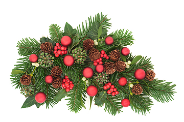 Image showing Christmas Traditional Flora with Red Bauble Decorations  