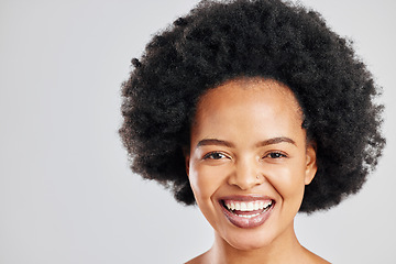 Image showing Beauty face, glow and natural African woman with skincare shine, studio cosmetics or clean, healthy hair care. Aesthetic, dermatology or portrait person with facial makeup on white background