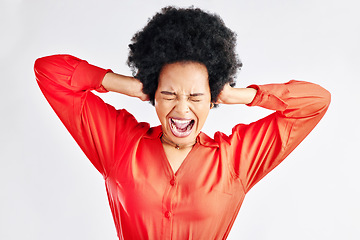 Image showing Frustrated, screaming and black woman with stress, anger and mistake on a white background in studio. Female person, shouting and African model angry about fail or problem with rage emotion