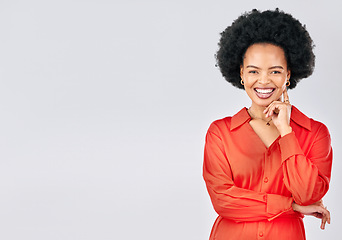 Image showing Happy, mockup and portrait of a black woman on a white background in studio with arms crossed or pride. Smile, confidence and an African person isolated on a banner backdrop with advertising space