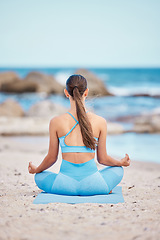 Image showing Meditation, fitness and back view of woman at the beach for workout or training as health, mindfulness and wellness routine. Healthy, body and zen person exercise chakra by doing lotus pose at sea