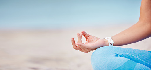 Image showing Woman, hands and yoga on beach for meditation, spiritual wellness or outdoor zen workout in fitness. Closeup of calm female person in relax on ocean coast for mindfulness or inner peace on mockup